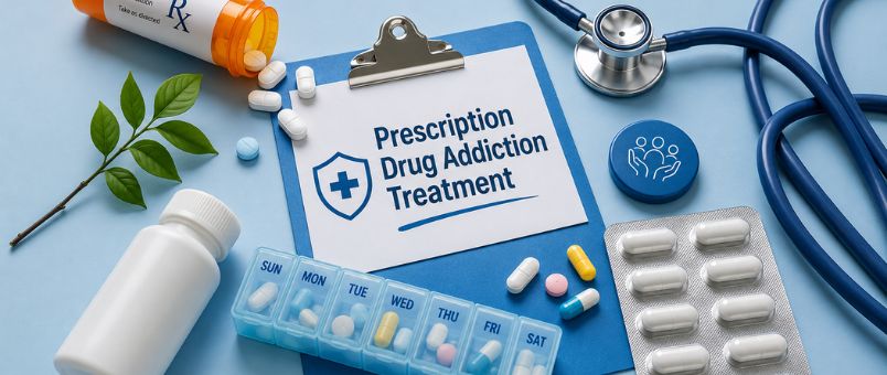 Prescription Drug Addiction Treatment concept with pills and stethoscope