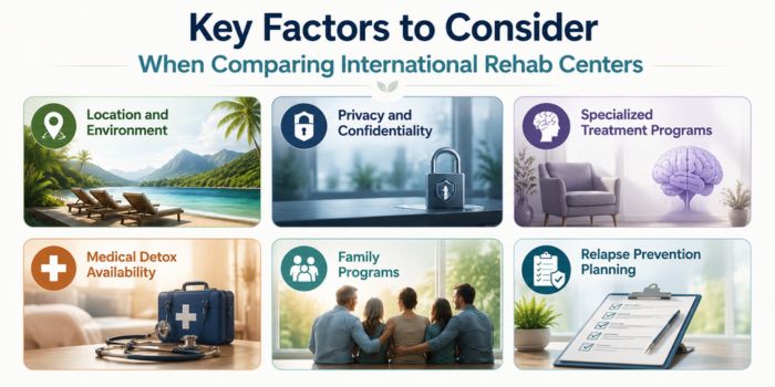 Key factors to consider when comparing international rehab centers infographic