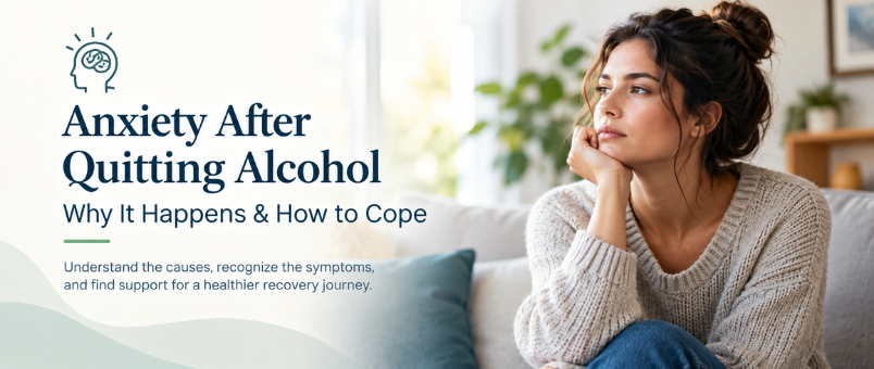 Anxiety after quitting alcohol, woman sitting thoughtfully on a couch