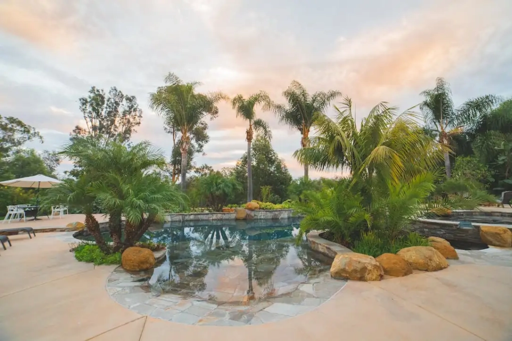Landscaped pool area at AToN Center luxury rehab